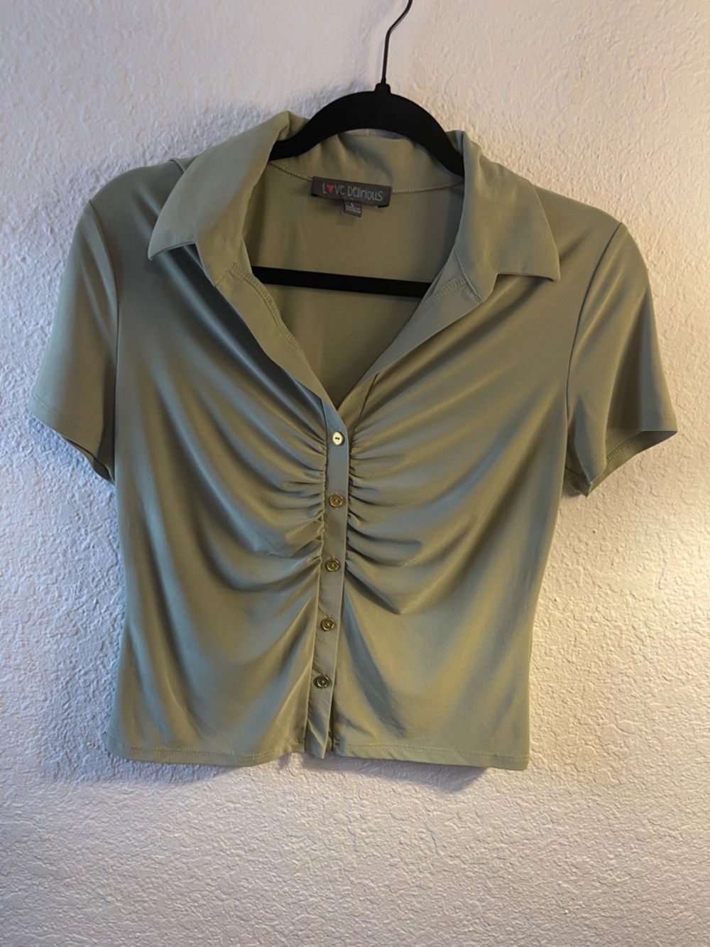 Love Delirious Olive Green Ruched Button-Down Shirt